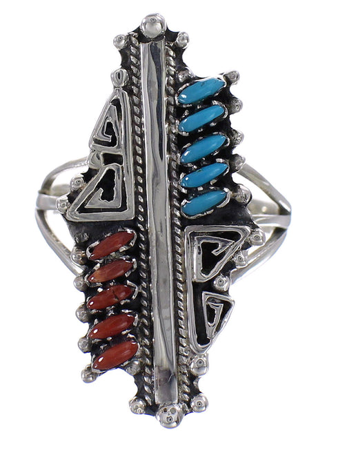 Authentic Sterling Silver Water Wave Coral And Turquoise Needlepoint Ring Size 8-1/2 YX89608